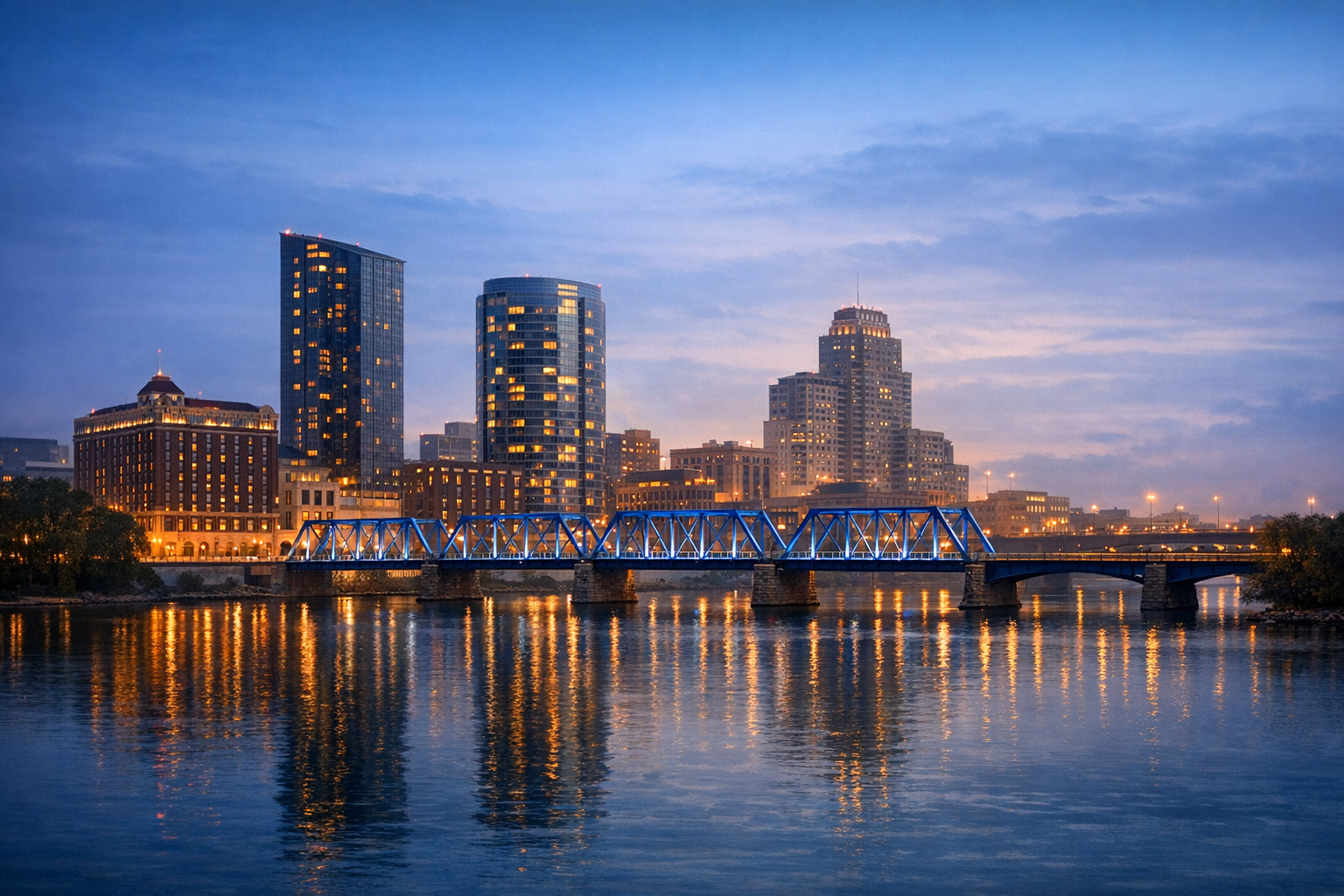 A luminous Grand Rapids riverfront skyline at blue hour.
